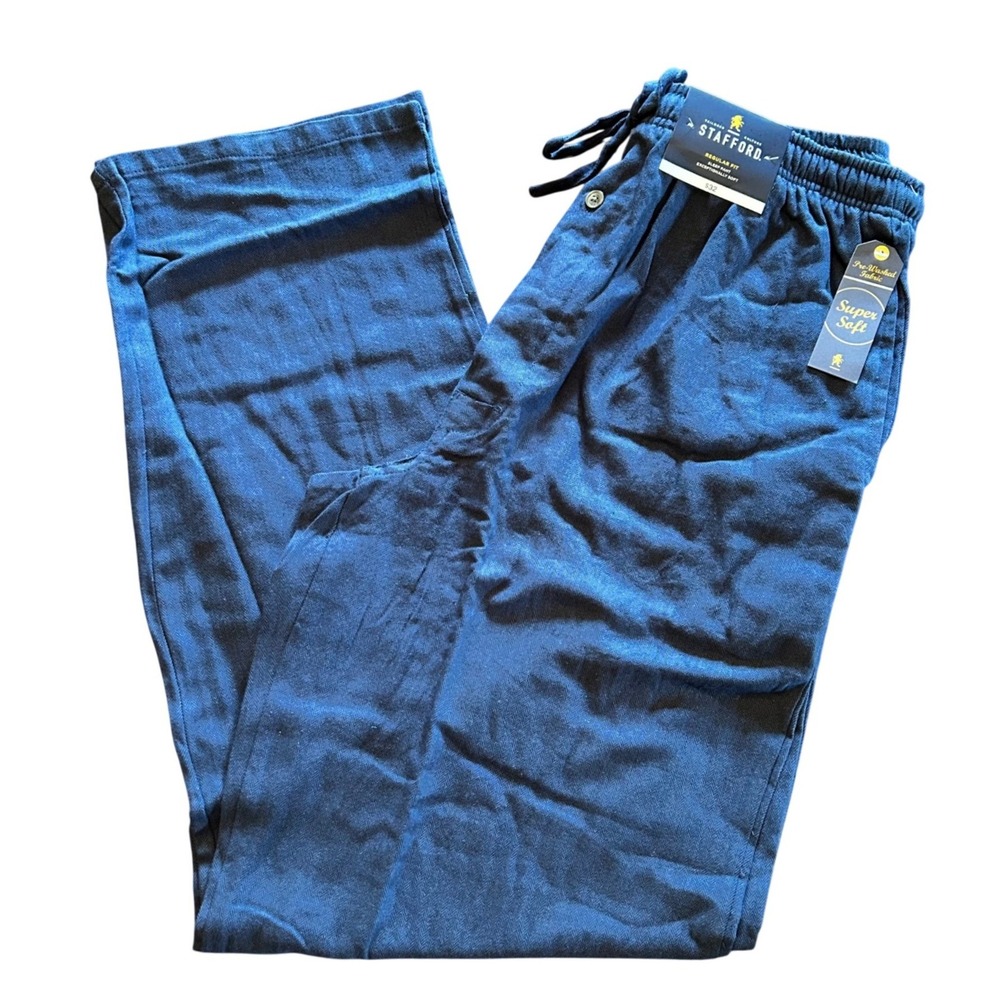 NWT Stafford Mens Cotton Pajama Bottoms Blue Sleep Pants Pockets Drawstring S